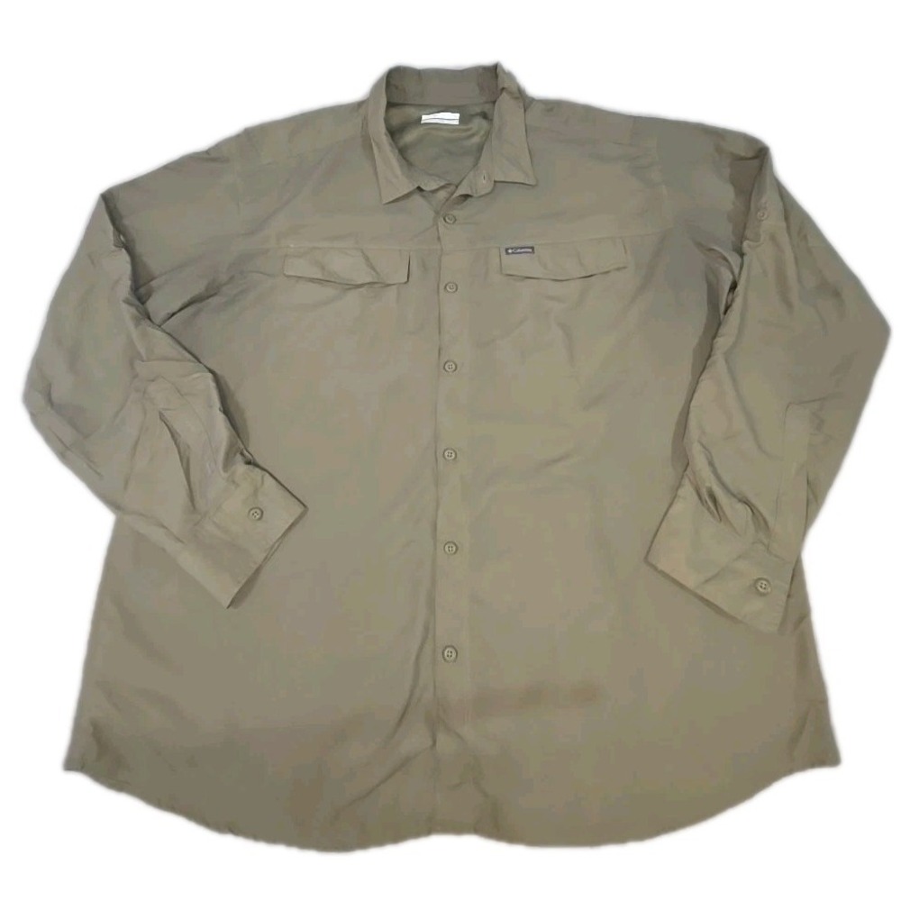 Columbia Mens 2XL Fishing Shirt Green Long Sleeve Roll Tab Button Up Vented
